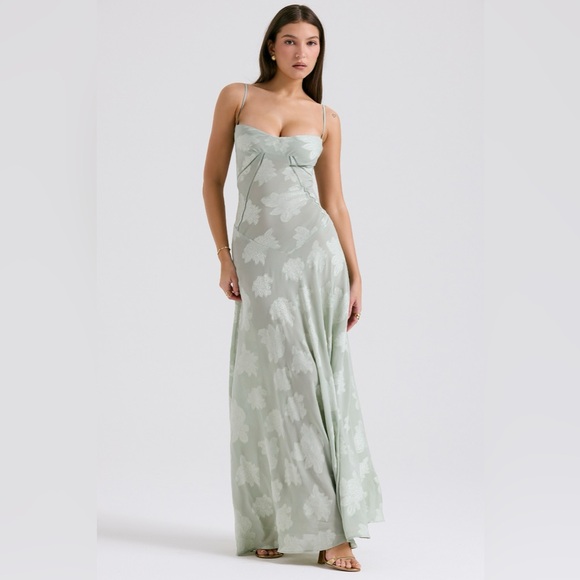 House of CB SEREN Pistachio Floral Lace Back Maxi Dress Size X-Small $285